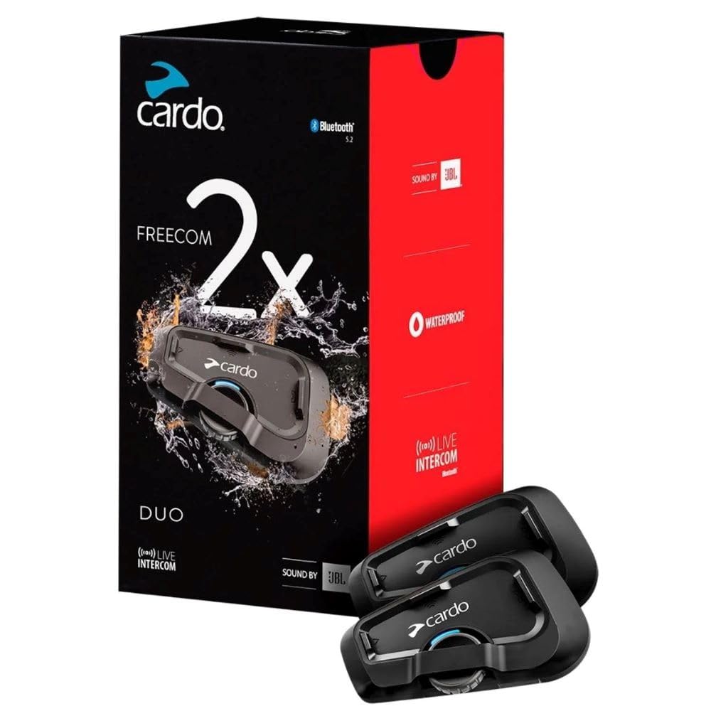 Cardo FREECOM 2X front unit showing controls and slim profile for easy operation