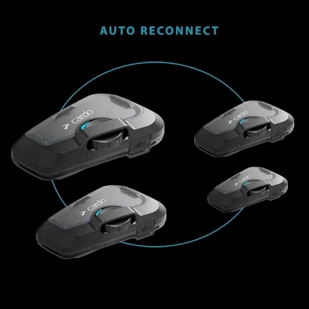 Two helmets with Cardo FREECOM 4X installed showing effortless group communication