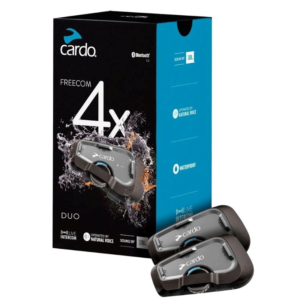 Cardo FREECOM 4X front unit showing controls and compact design for safer rides