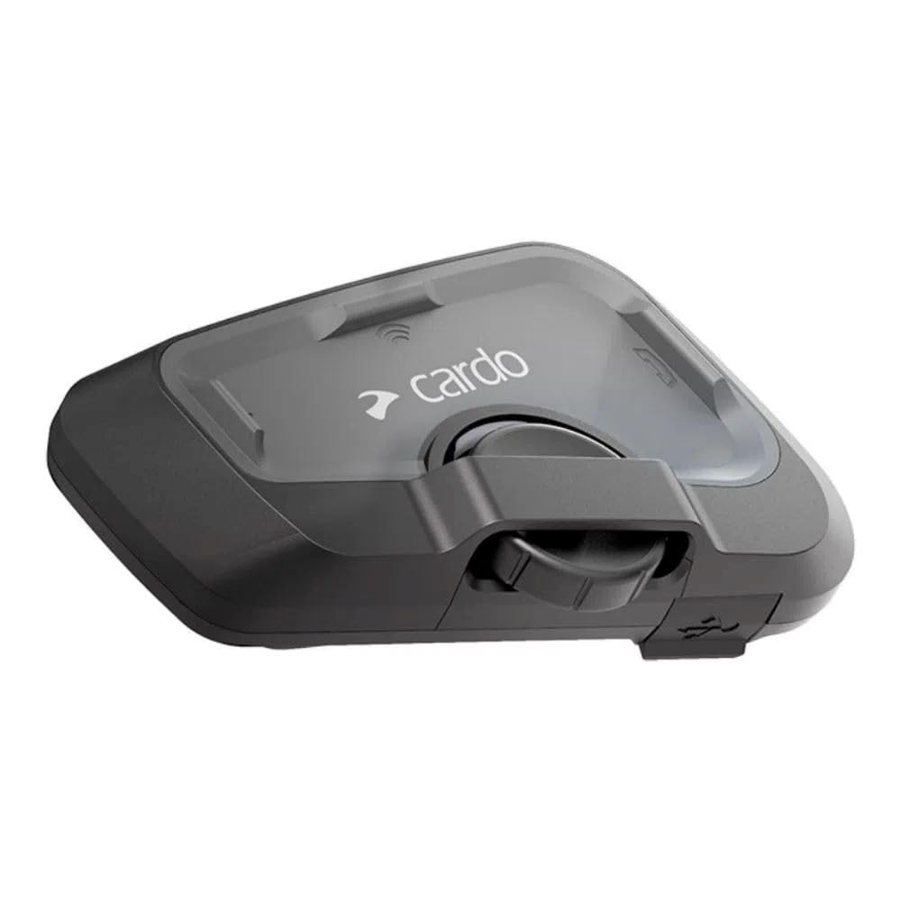 Cardo FREECOM 4X under rain illustrating waterproof durability for wet-weather rides