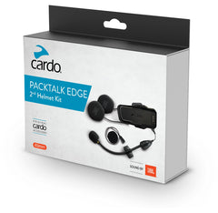 Cardo Packtalk sealed packaging showing contents and easy second-helmet setup benefit