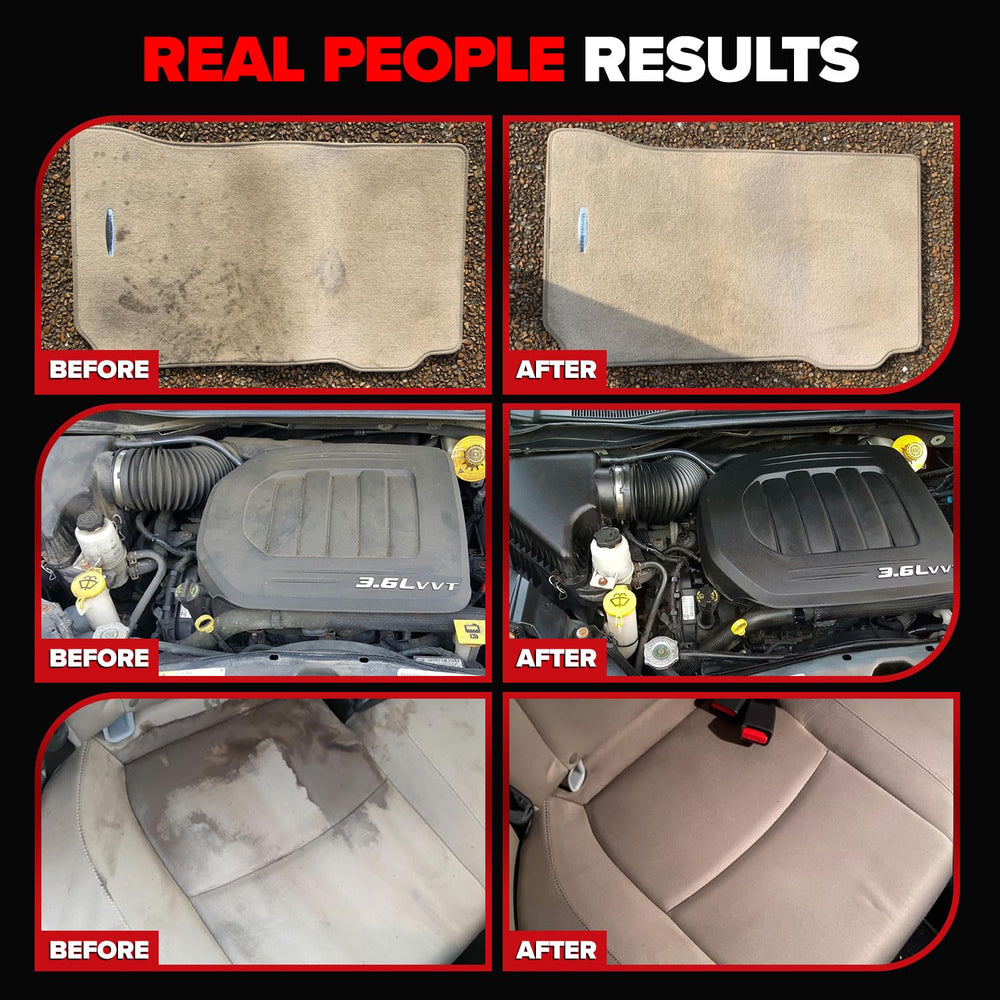 Carfidant before and after seat clean showing stain removal and restoration