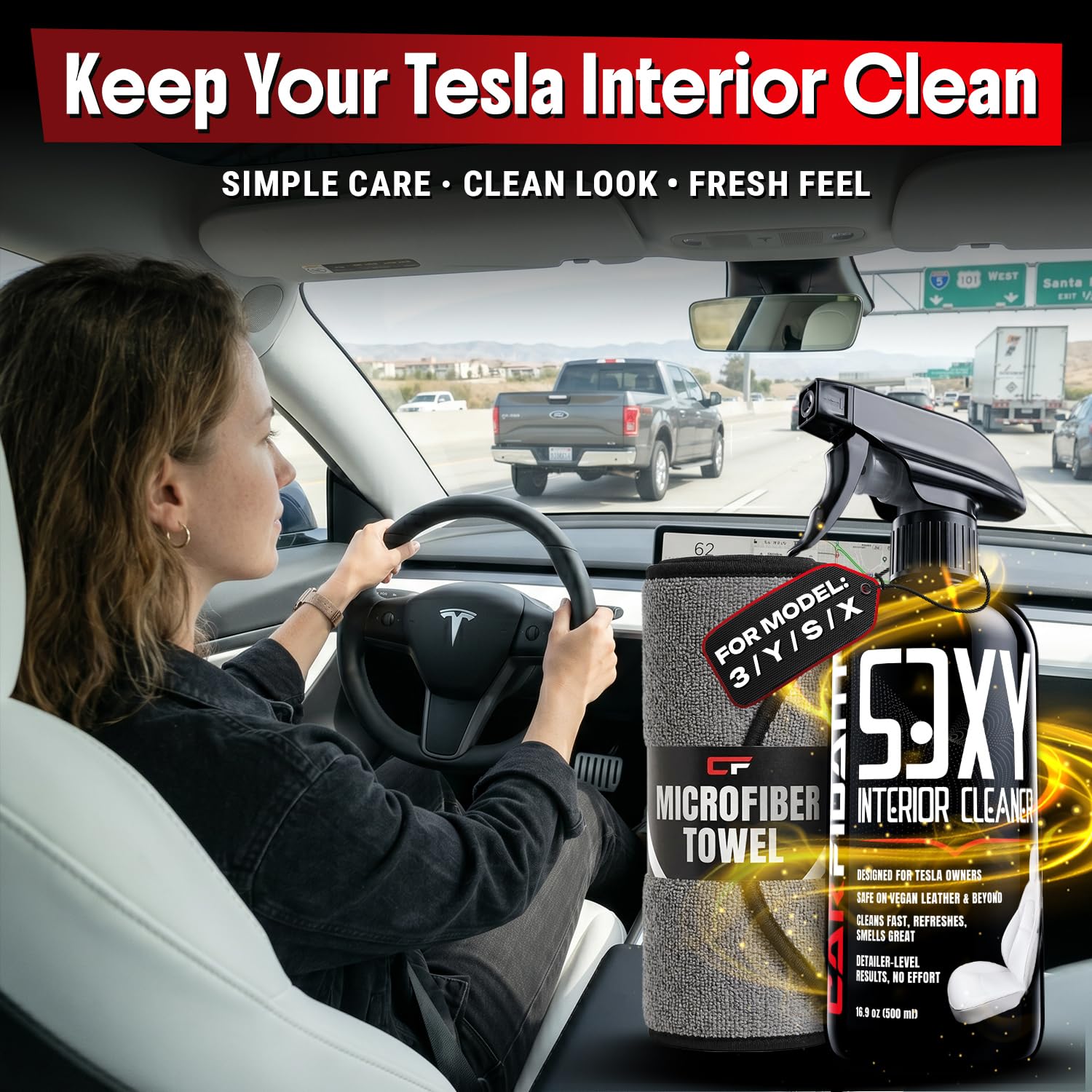 Carfidant fresh Tesla interior lifestyle shot conveying light citrus scent