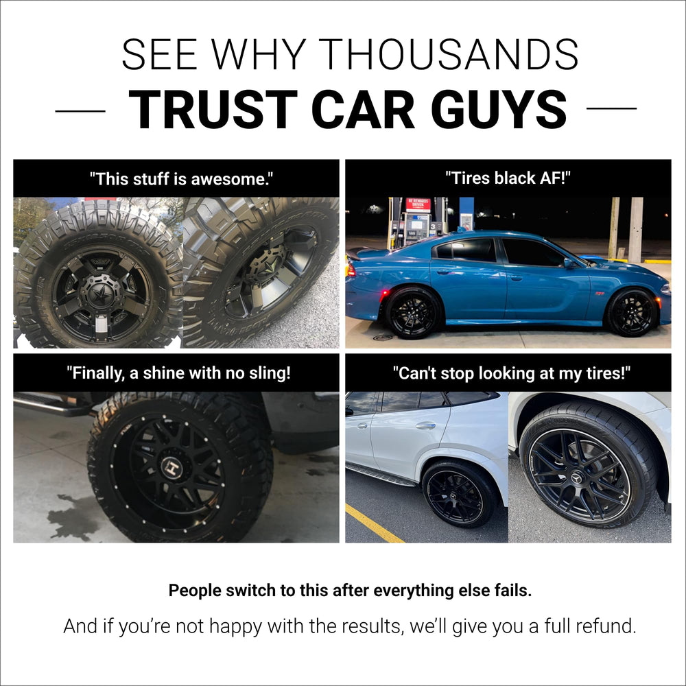 CarGuys spray being applied to tire demonstrating no-sling benefit