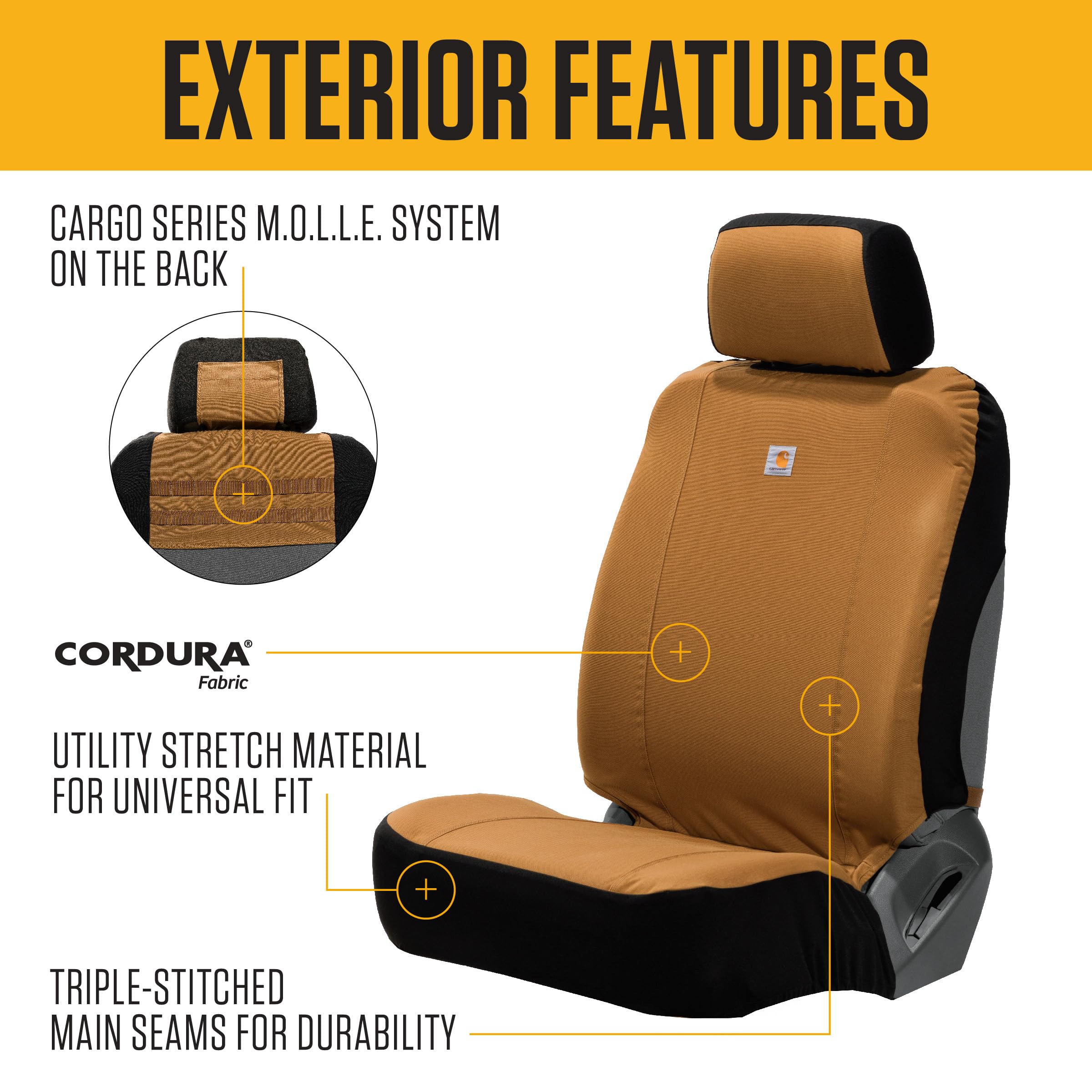 Carhartt headrest cover close-up showing secure fit and complete seat protection