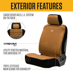 Carhartt headrest cover close-up showing secure fit and complete seat protection