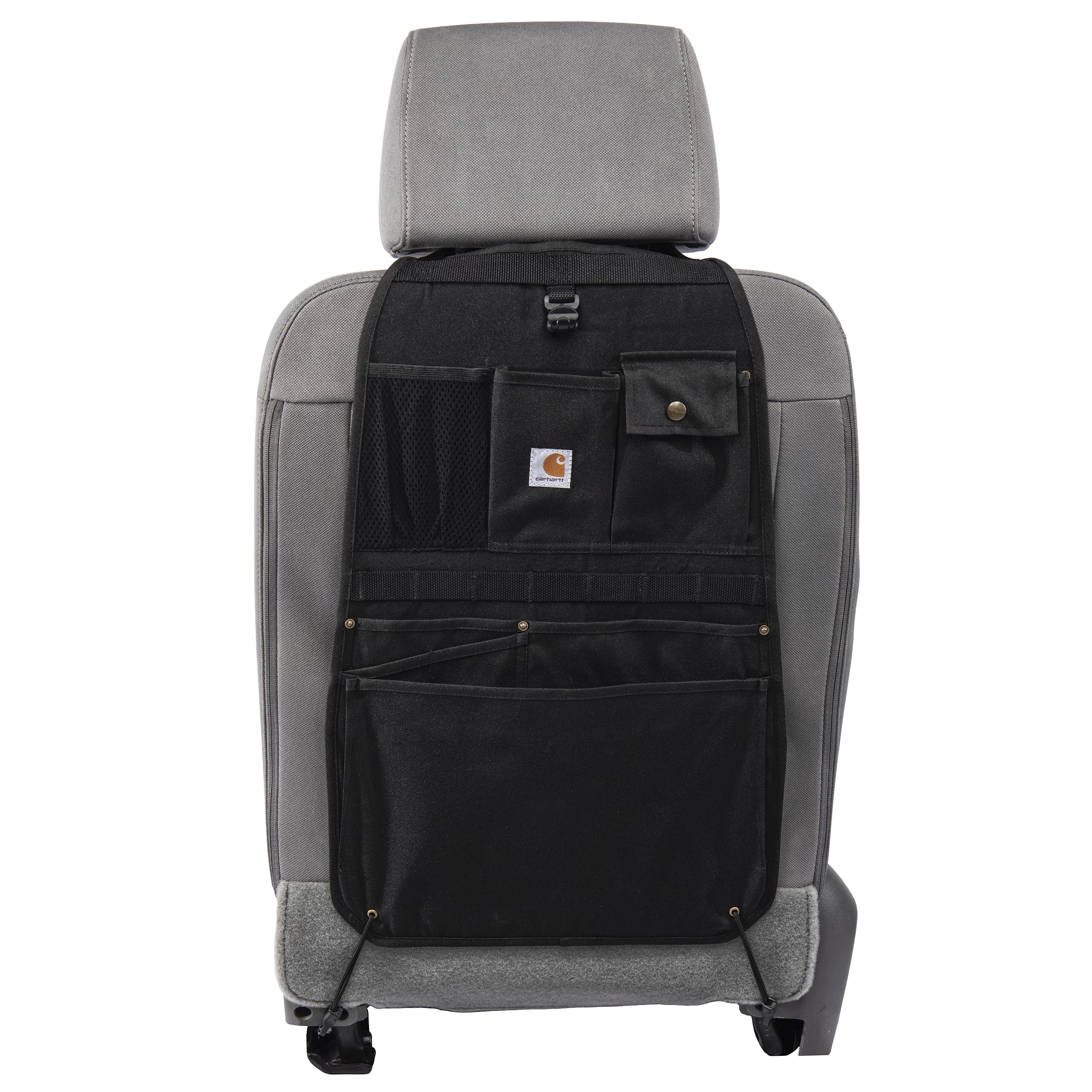 Carhartt seat organizer front view showing pockets and neat storage benefit