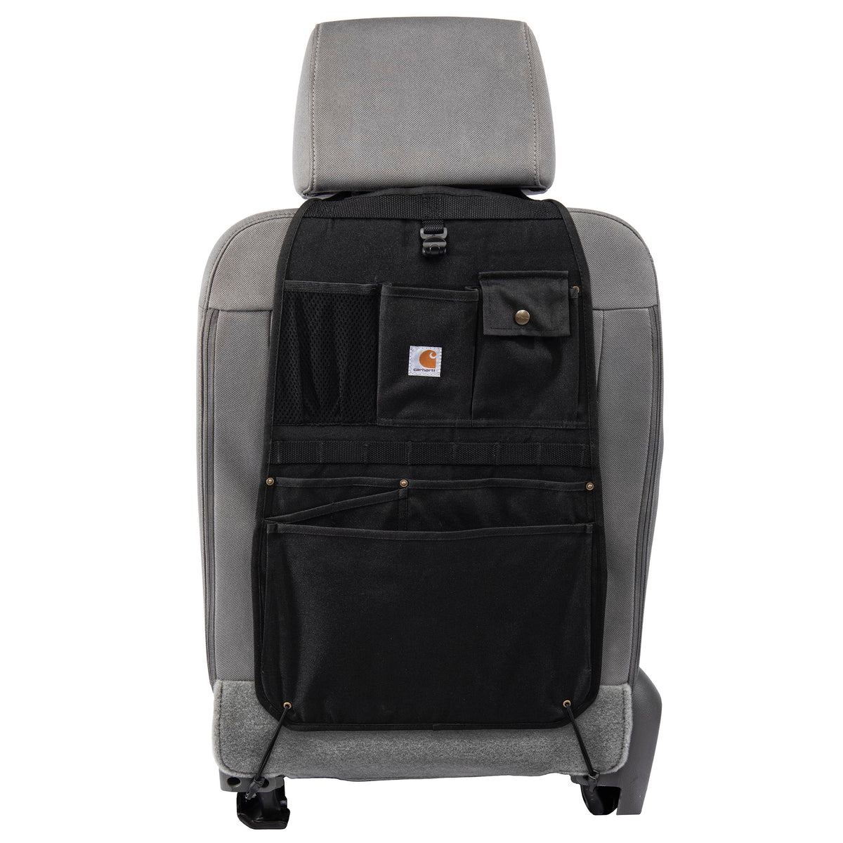 Carhartt seat organizer front view showing pockets and neat storage benefit