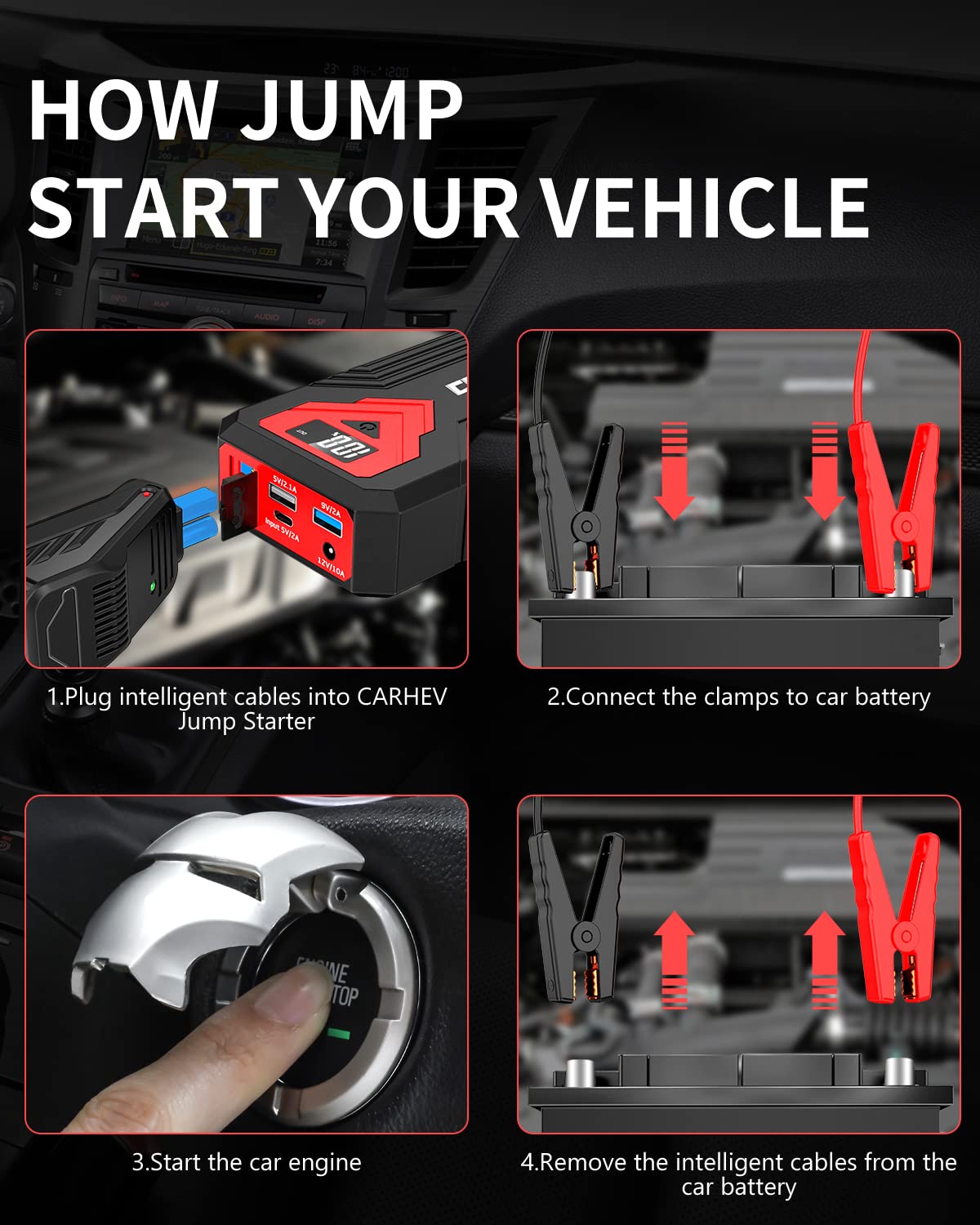CARHEV jump starter in a car starting an engine, providing reliable roadside assistance