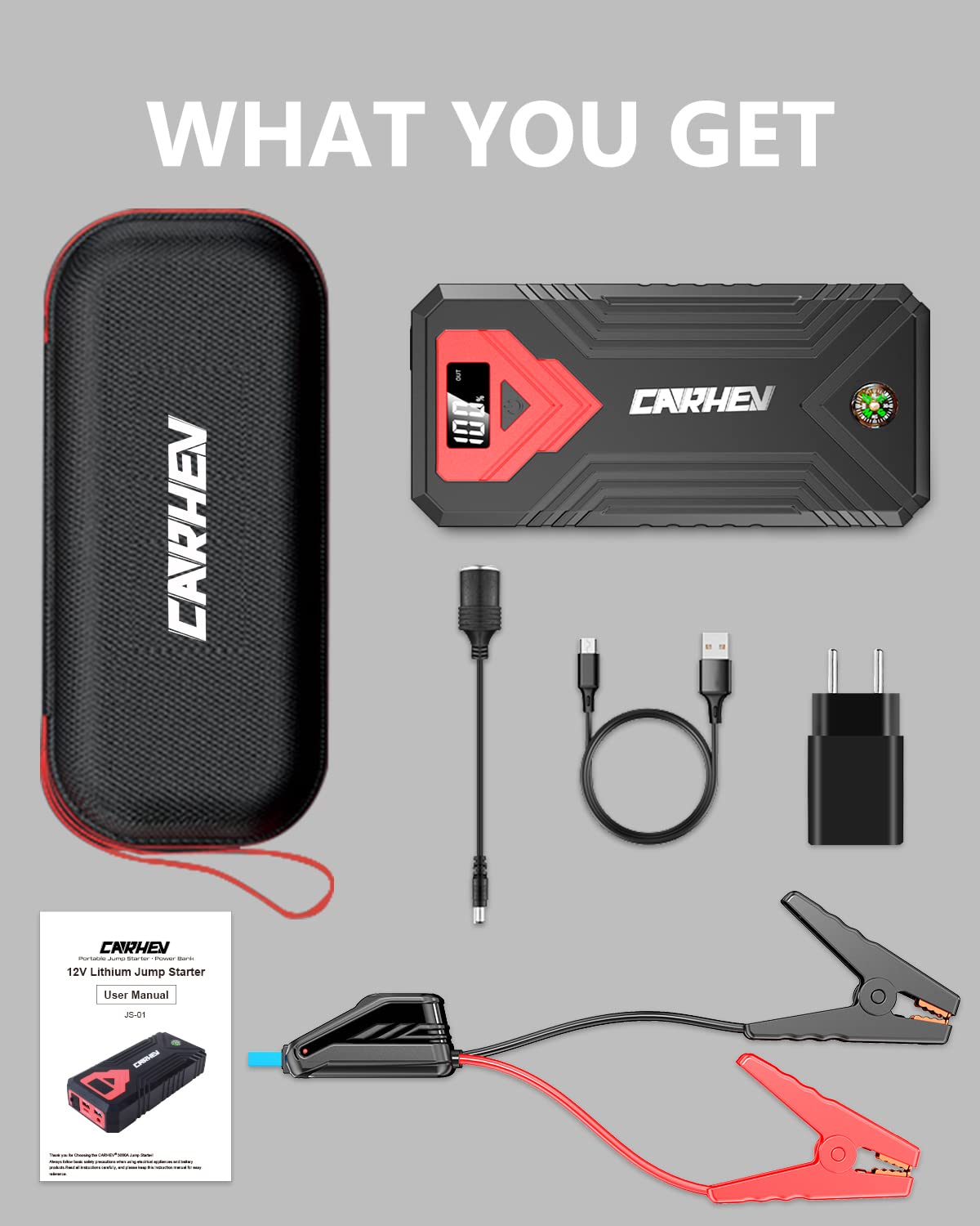 CARHEV with storage case and included accessories neatly arranged for organized transport