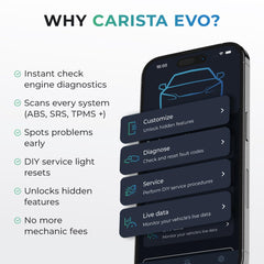 Carista EVO angled plug detail highlighting build quality and reliable vehicle connection benefit
