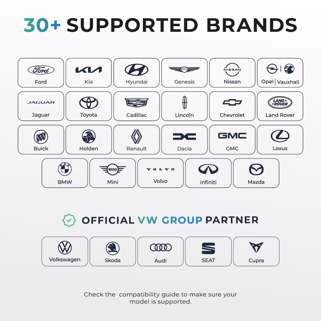 Carista EVO compatibility list closeup showing supported brands and broad vehicle coverage benefit