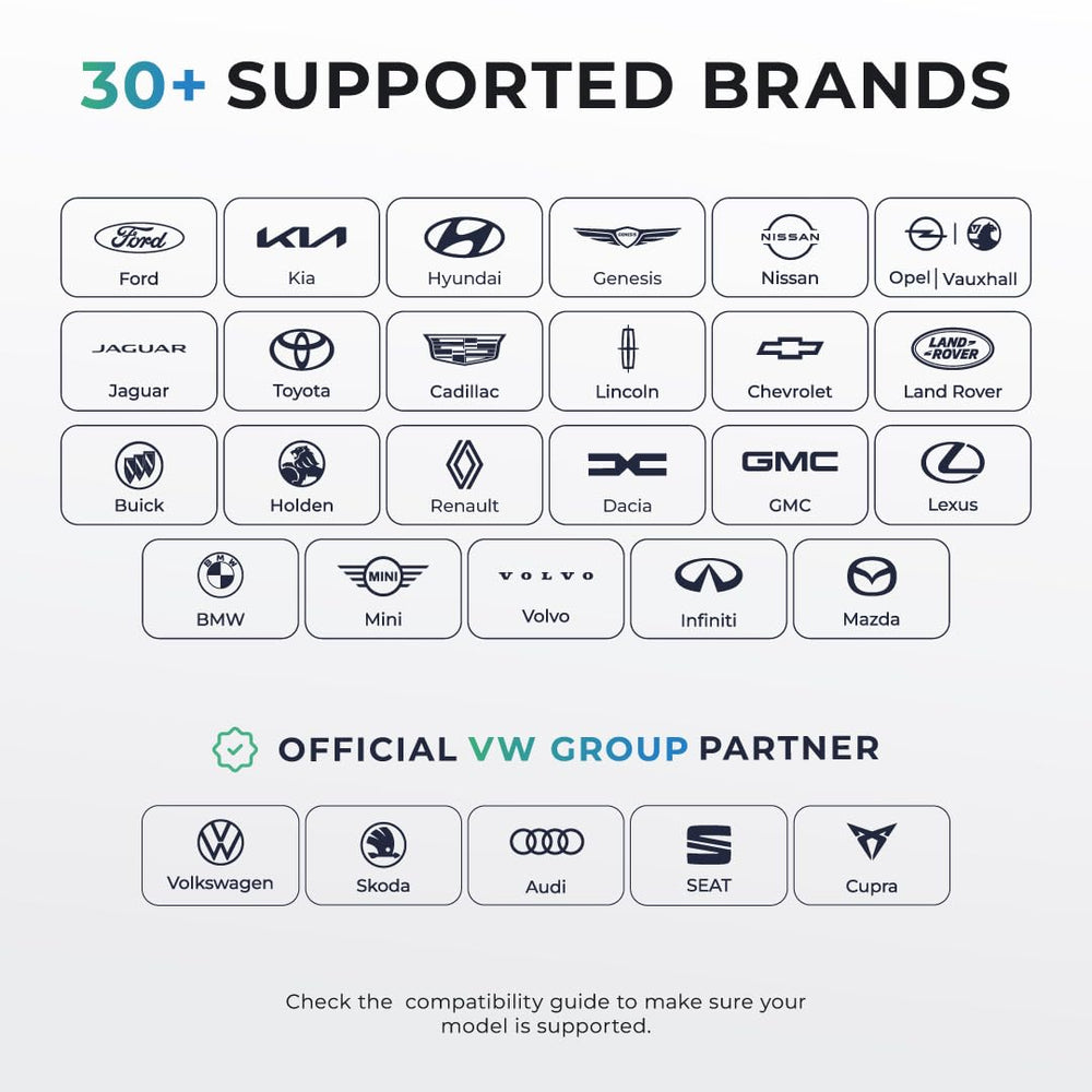 Carista EVO compatibility list closeup showing supported brands and broad vehicle coverage benefit