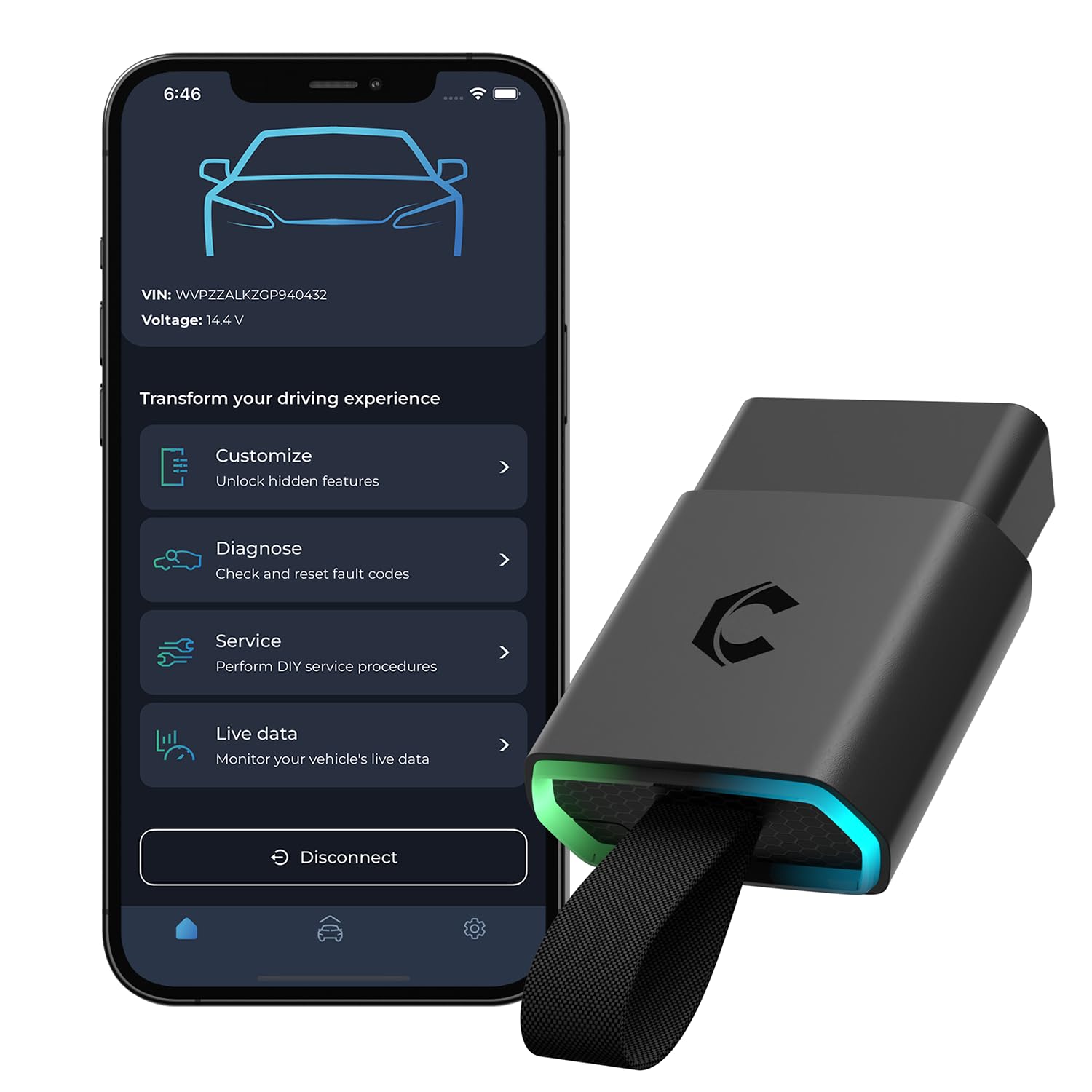 Carista EVO front view showing compact Bluetooth OBD2 adapter and LED indicator benefits diagnostics