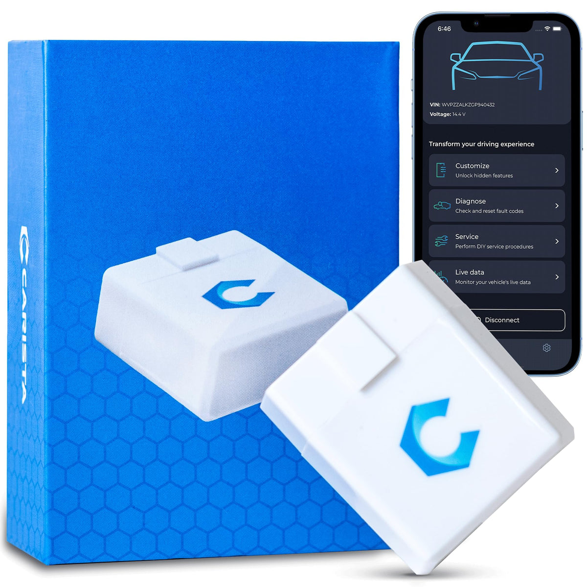 Carista OBD front view showing compact Bluetooth adapter and brand benefits