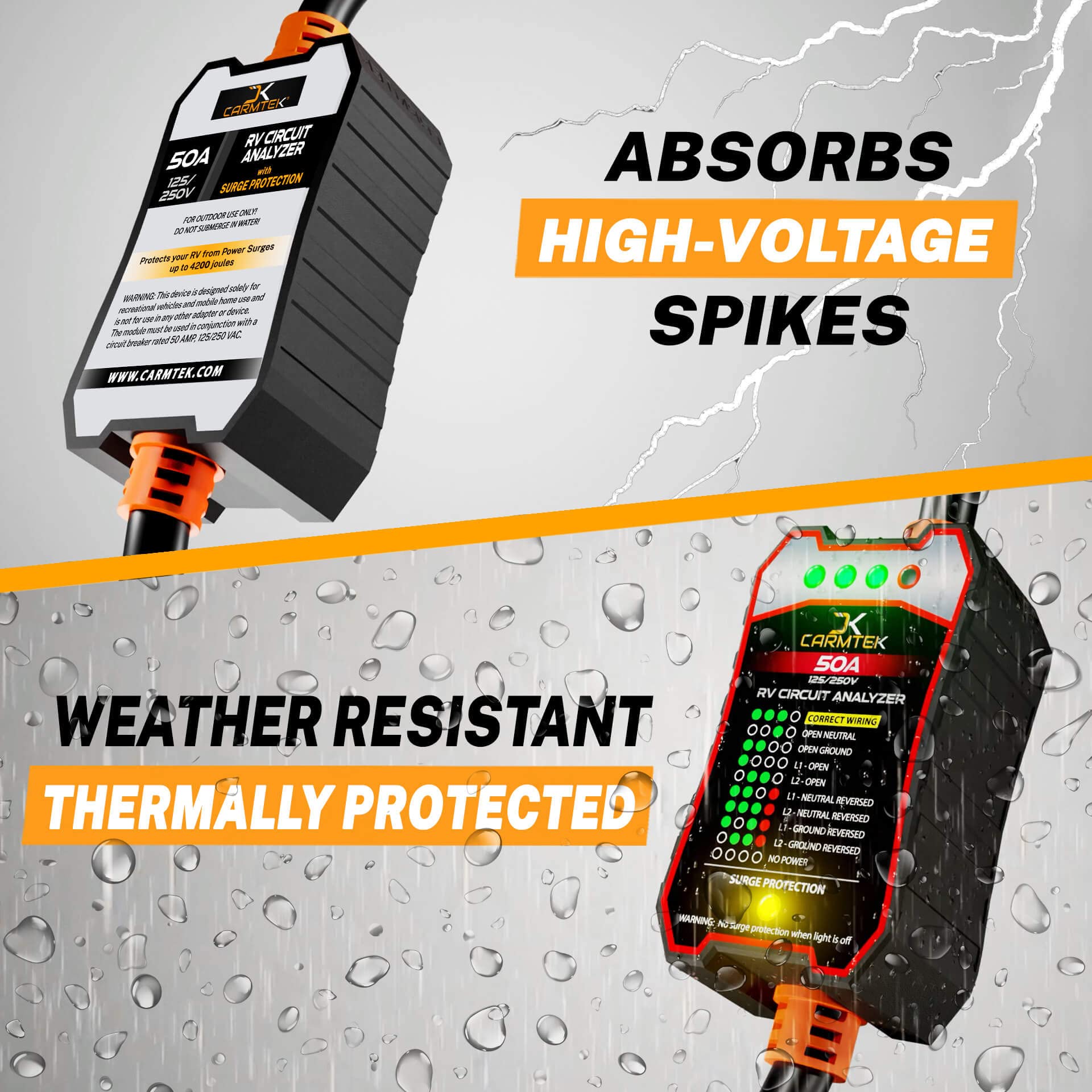 CARMTEK plugged into RV pedestal demonstrating protected shore power