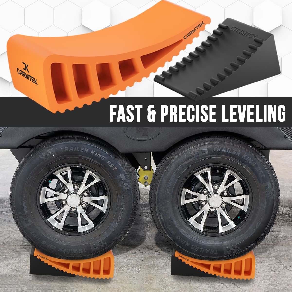 CARMTEK leveler under trailer wheel in use demonstrating fast leveling benefit