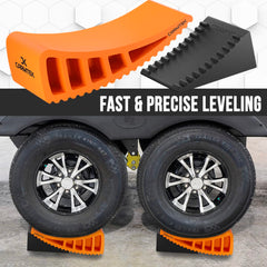CARMTEK leveler under trailer wheel in use demonstrating fast leveling benefit