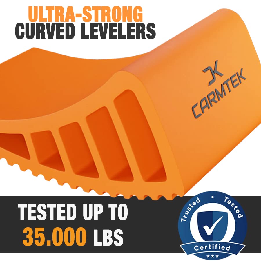 CARMTEK leveler next to standard block showing shorter length for tight dual axles