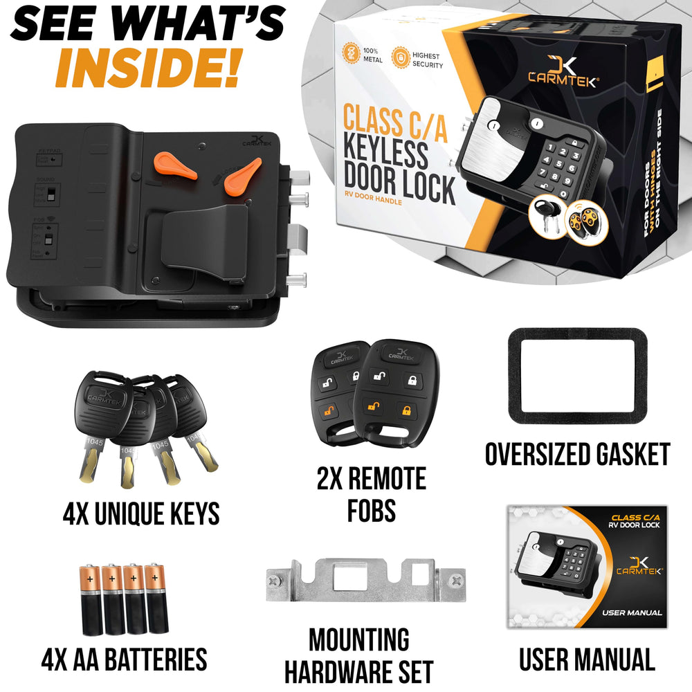 CARMTEK TripDefender two V5.0 key fobs and four unique mechanical keys for versatile access
