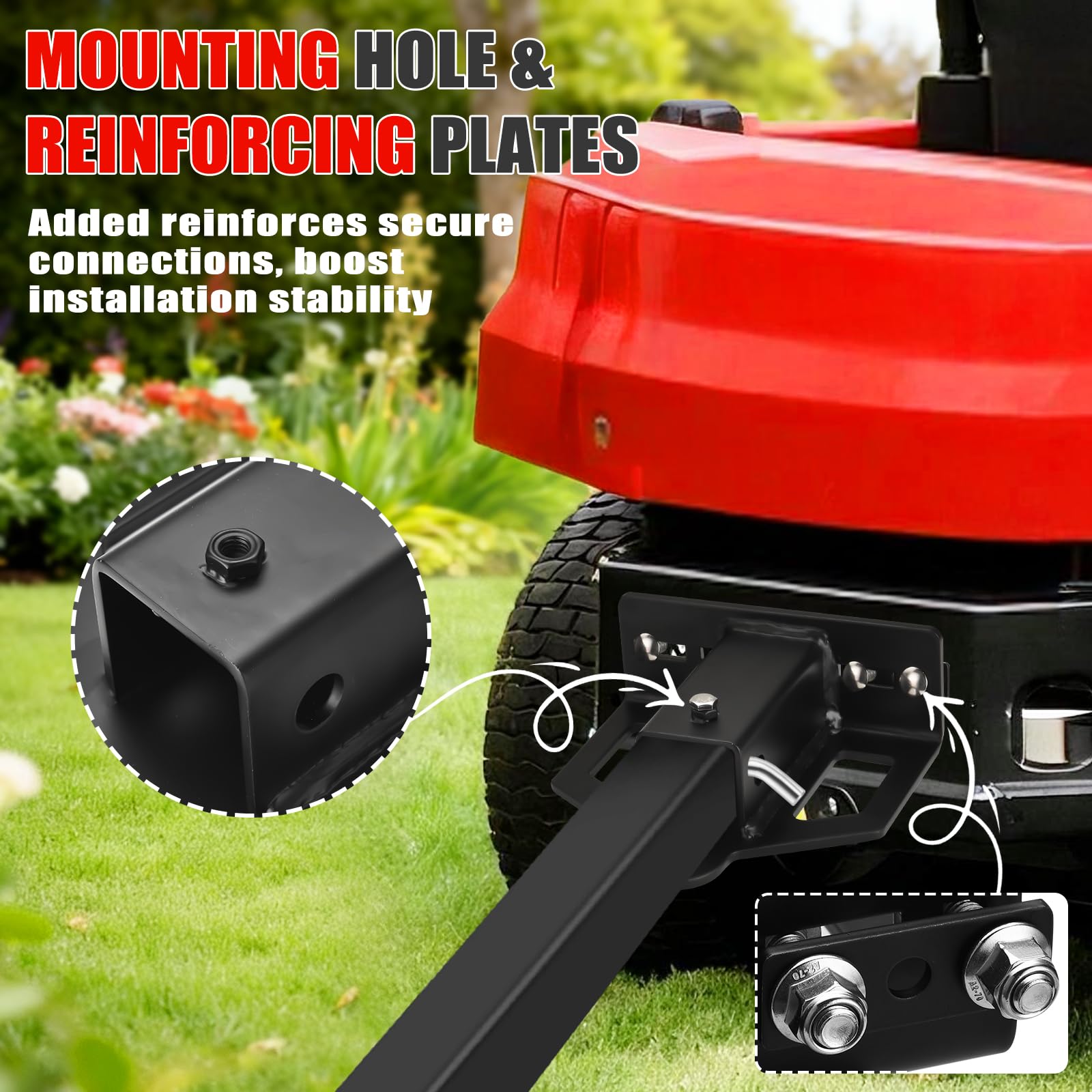 CAROD hitch installed on a zero-turn mower demonstrating real-world towing