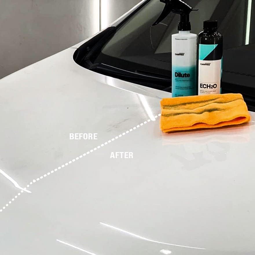CARPRO ECH2O bottle next to microfiber emphasizing efficient wipe-off and gloss