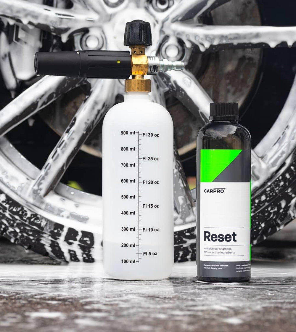 CARPRO Reset foamed onto car from foam cannon demonstrating thick lather and coating-safe cleaning