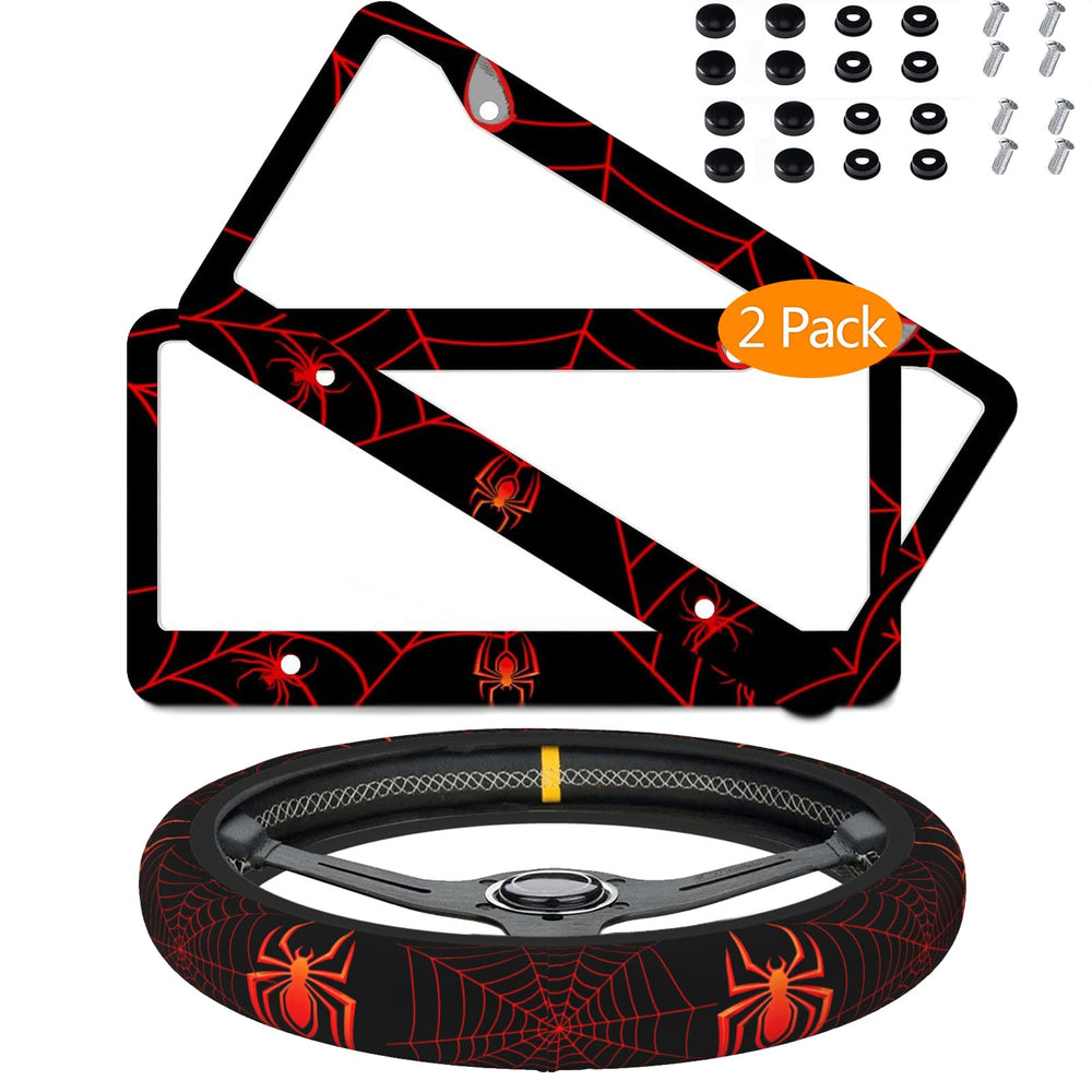 Carrefit license plate frame front view showing red spider web and visible holes, stylish accent