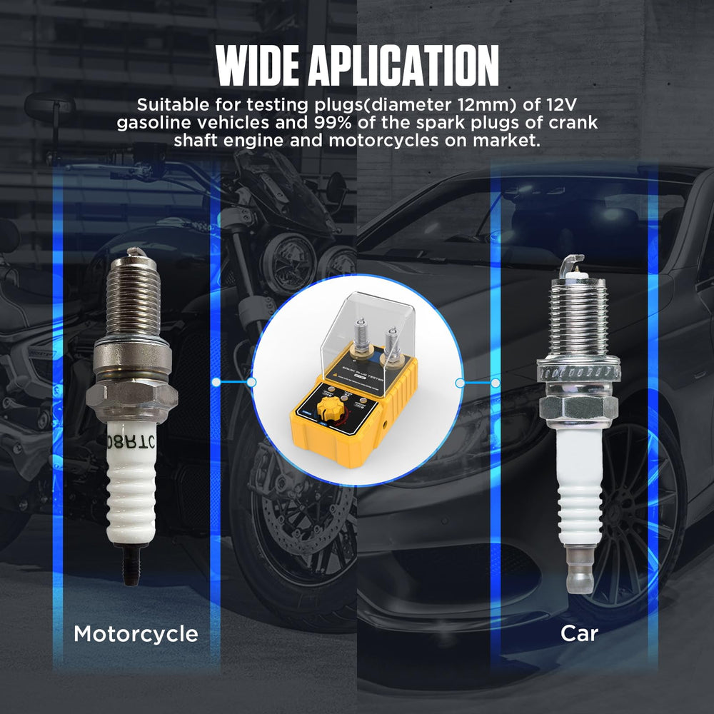 Cartoobe in-use on workbench testing motorcycle spark plugs for quick troubleshooting