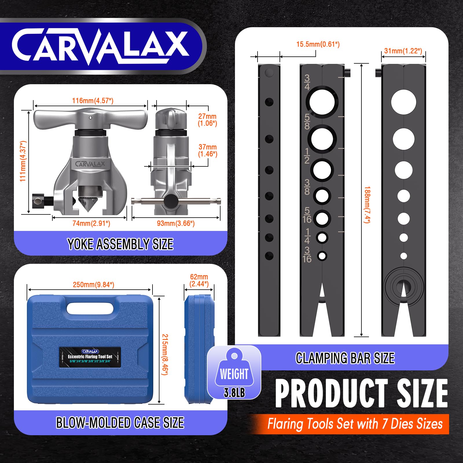 CARVALAX flaring bar holes close-up showing seven precision sizes
