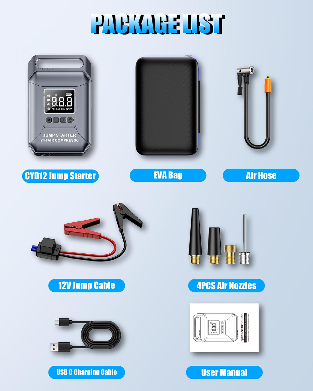 Carzip accessories and nozzle adapters laid out for versatile inflation