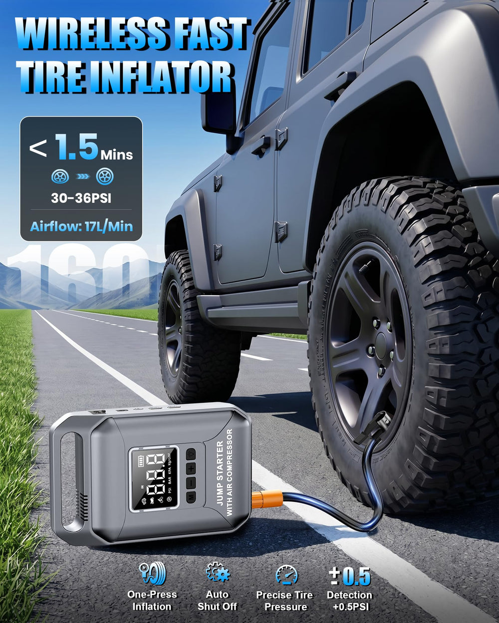 Carzip inflating a car tire fast with 160 PSI capability