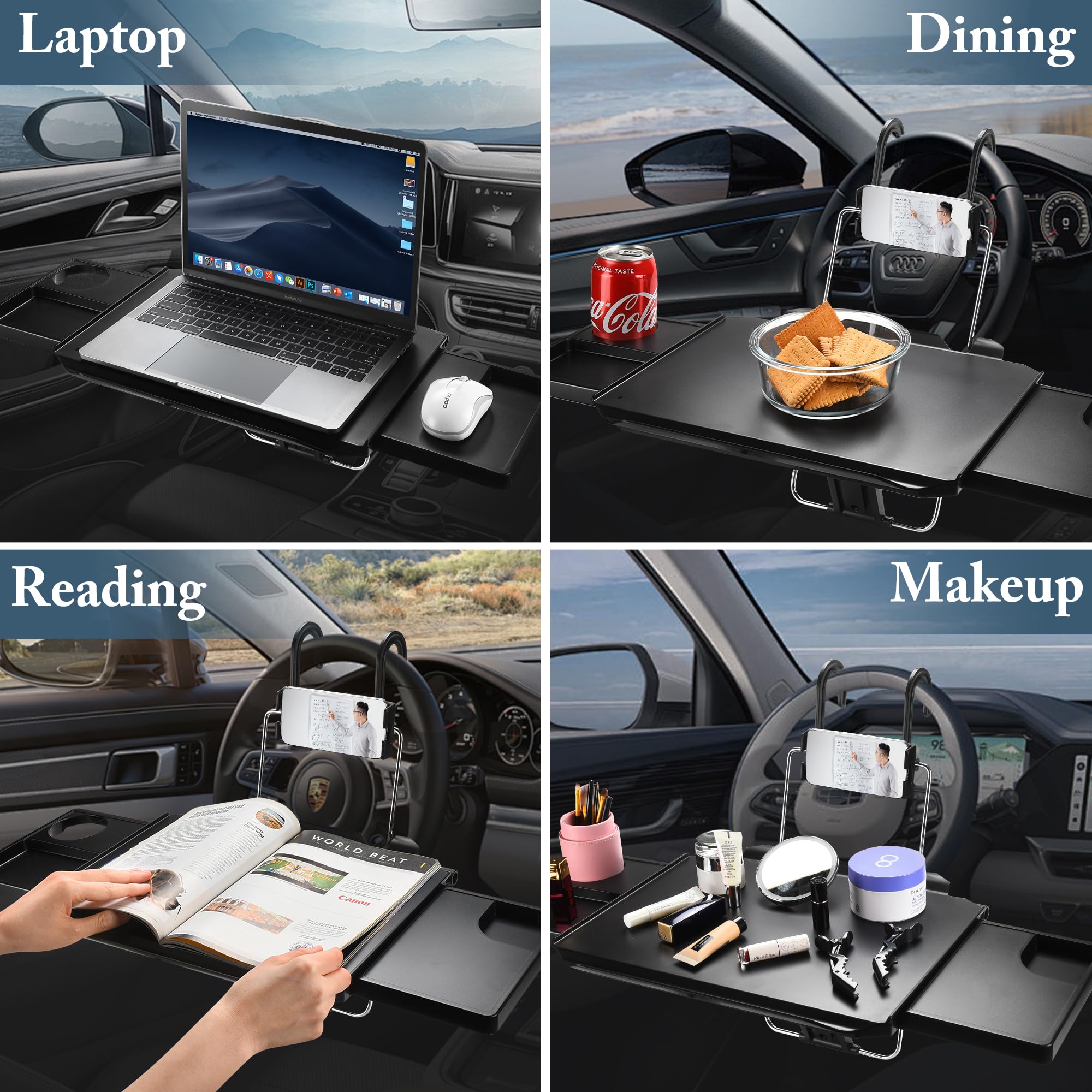 CASASARA holding a laptop on steering wheel showing productive workspace