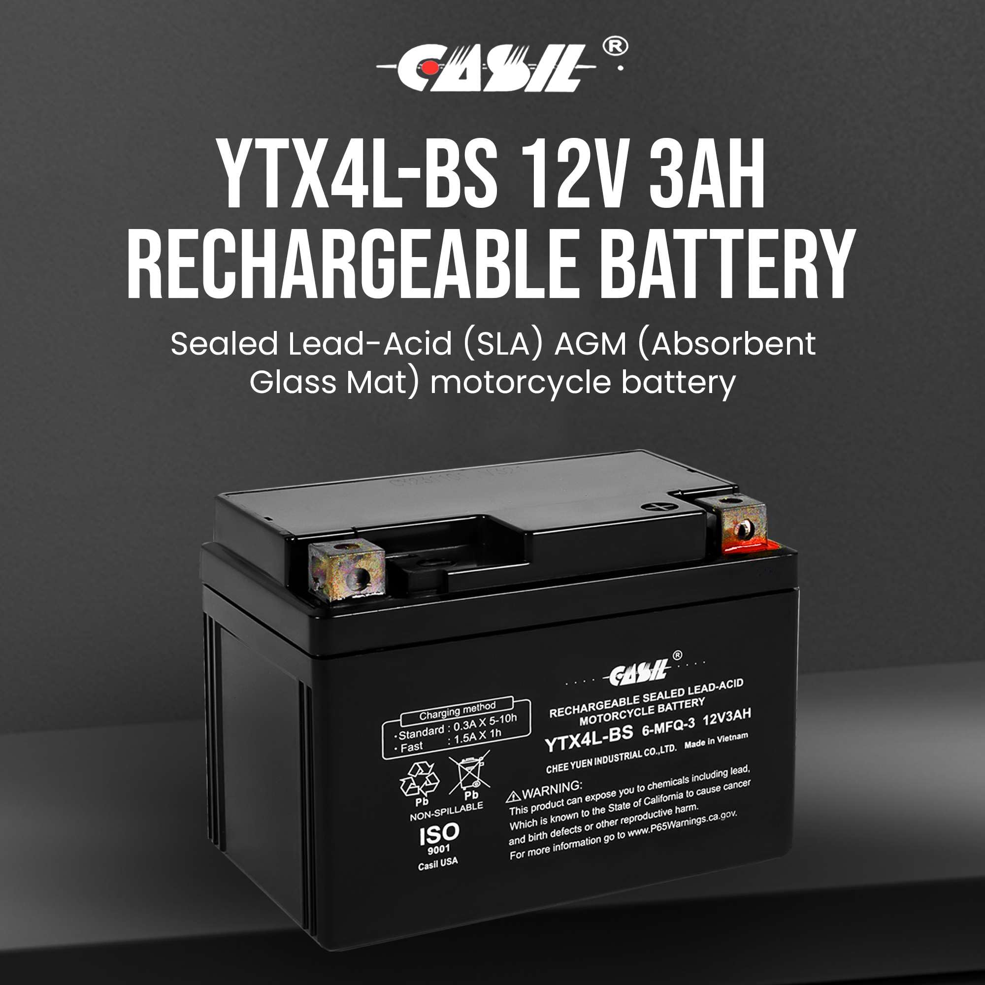 Casil YTX4L-BS top terminals close-up for easy secure connections