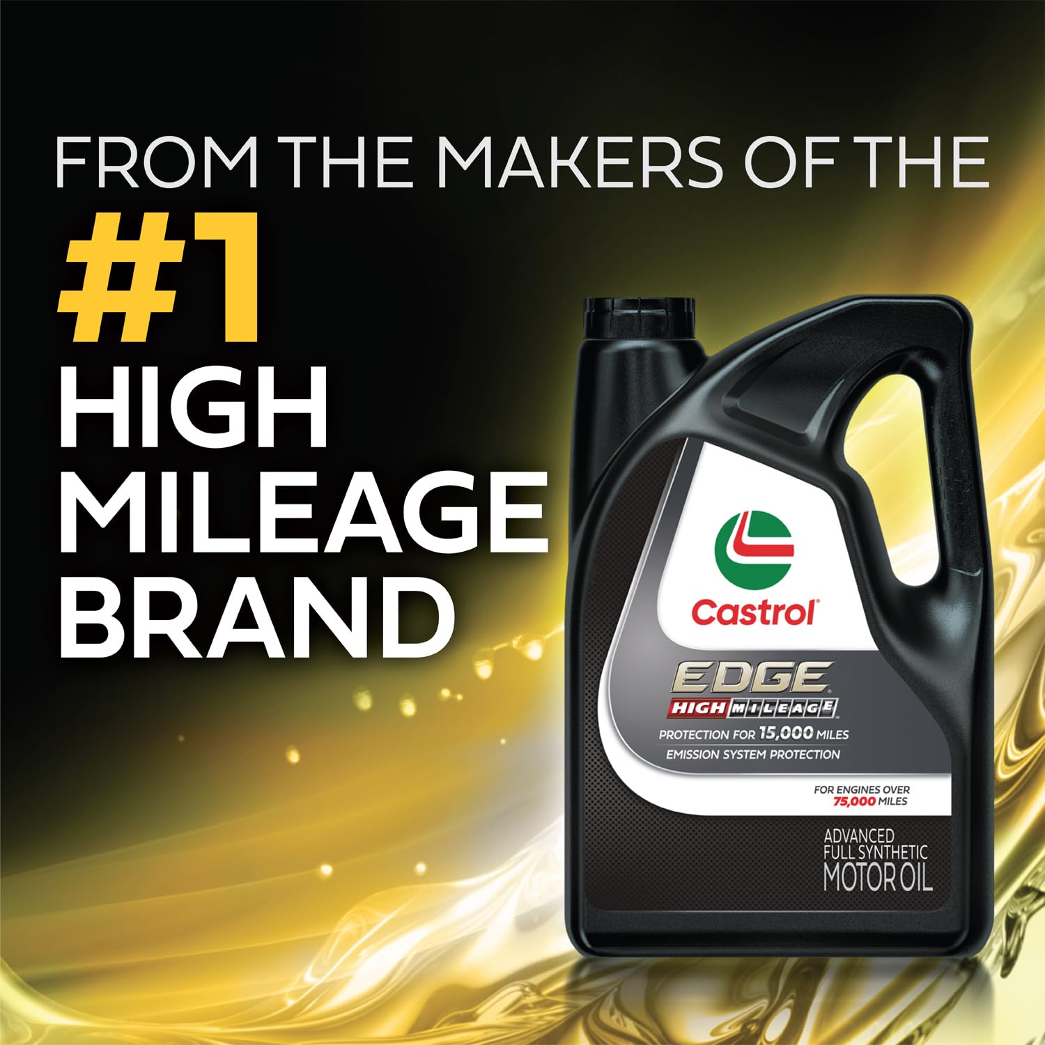 Castrol EDGE bottle on driveway beside a car conveying real-world high-mileage benefit