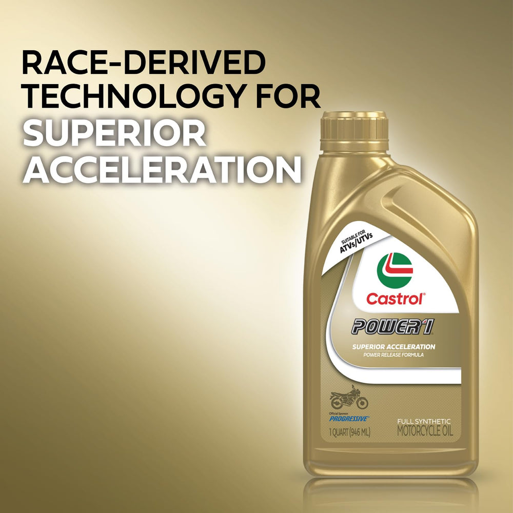 Castrol Power1 bottle beside a measured quart for scale, showing correct sizing