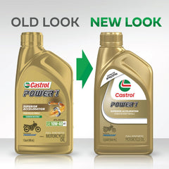 Castrol Power1 bottle next to motorcycle engine, showing protection for engine components