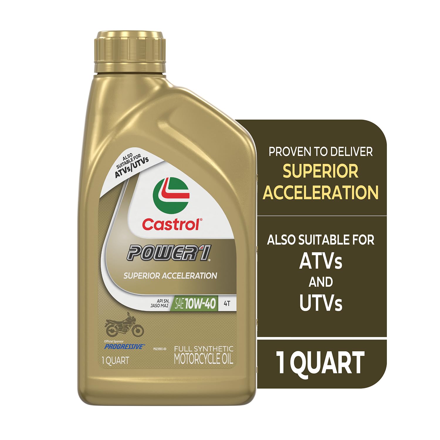Castrol Power1 label close-up showing specifications and JASO MA-2 certification benefit