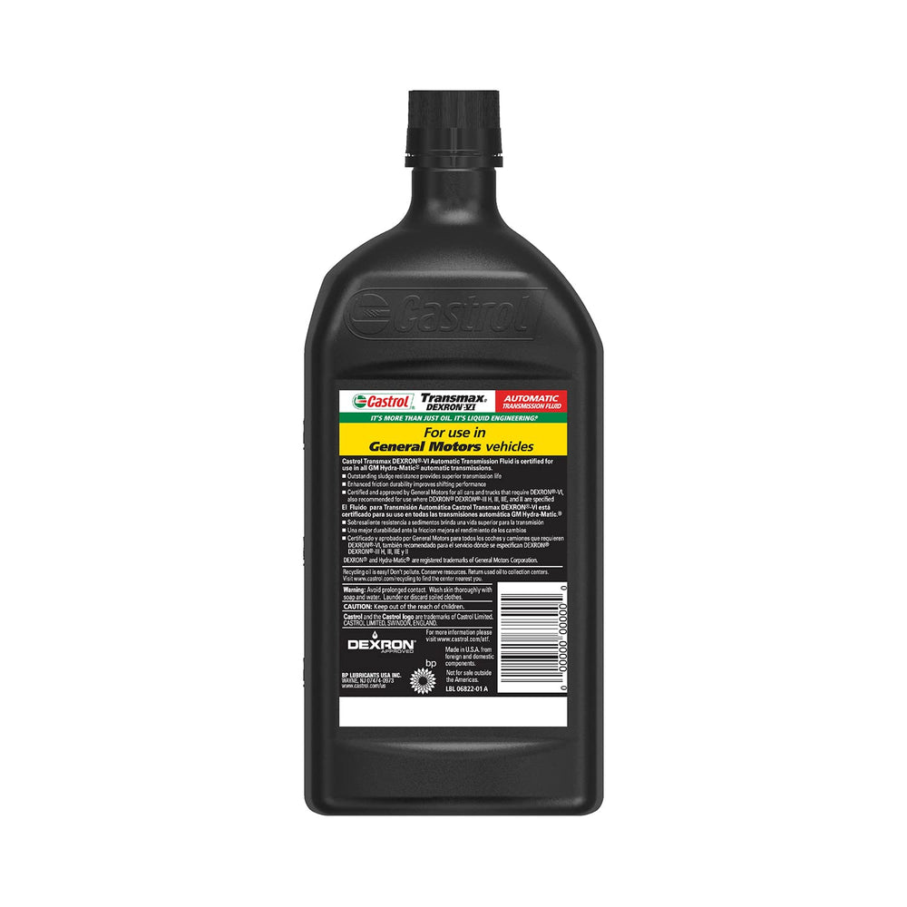 Castrol Transmax closeup of label highlighting DEXRON‑VI approval and specification details for confidence