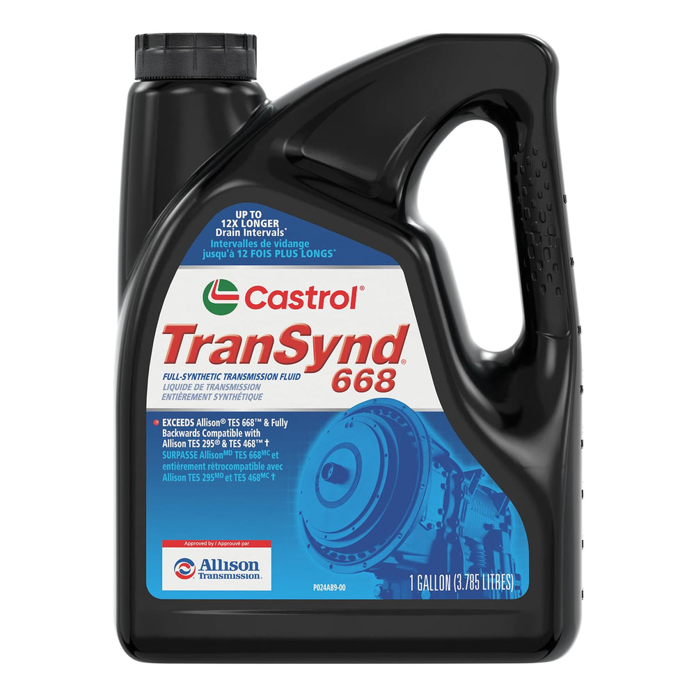 Closeup label on Castrol TranSynd 668 gallon highlighting TES 668 approval and specs