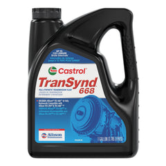 Closeup label on Castrol TranSynd 668 gallon highlighting TES 668 approval and specs