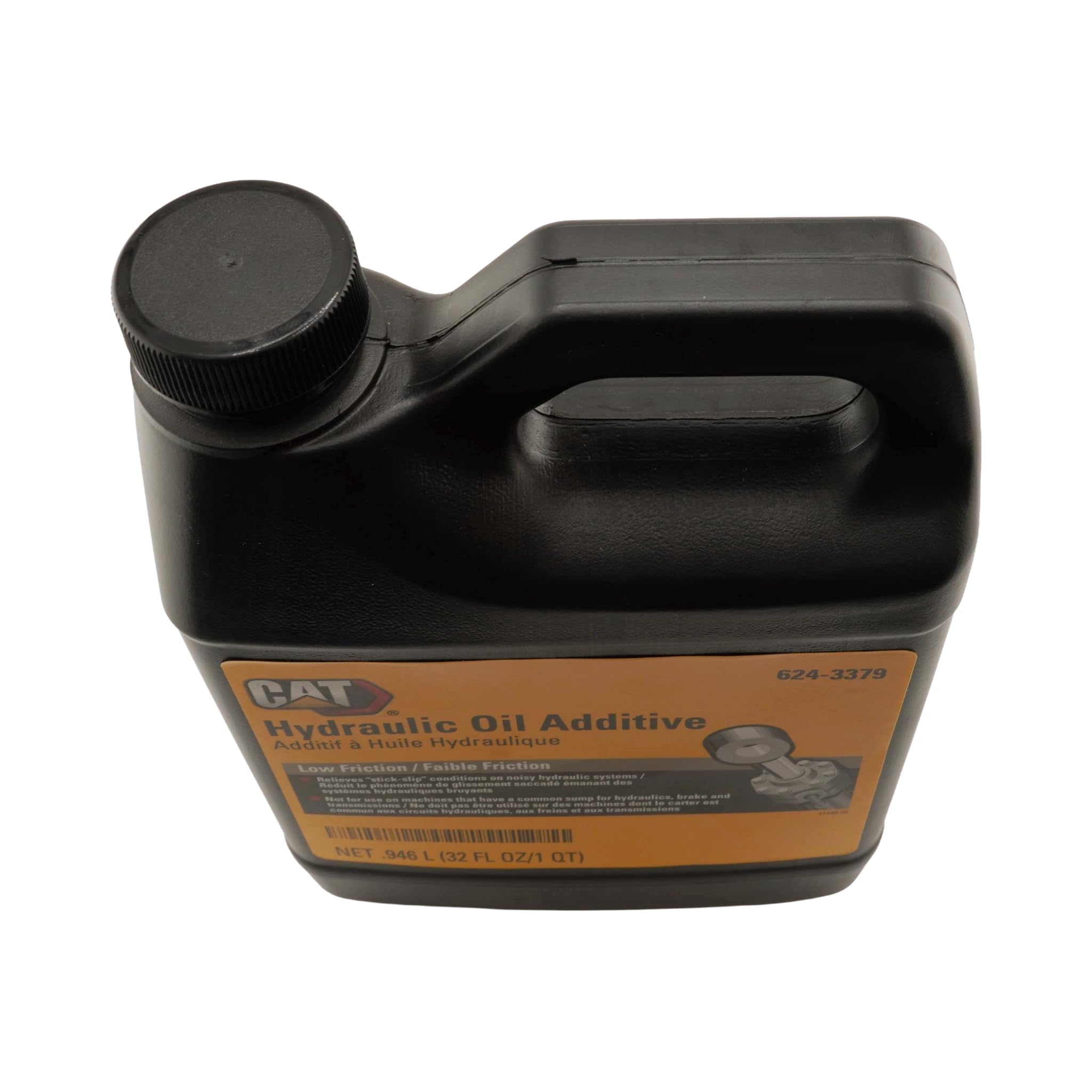 CAT bottle beside heavy equipment, illustrating reduced hydraulic noise benefit
