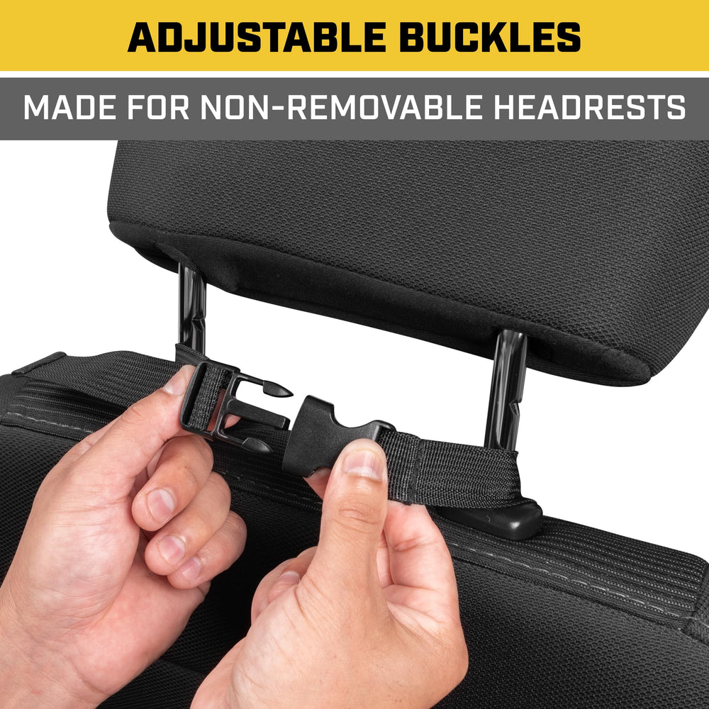 CAT strap and buckle detail, adjustable for a snug vehicle fit