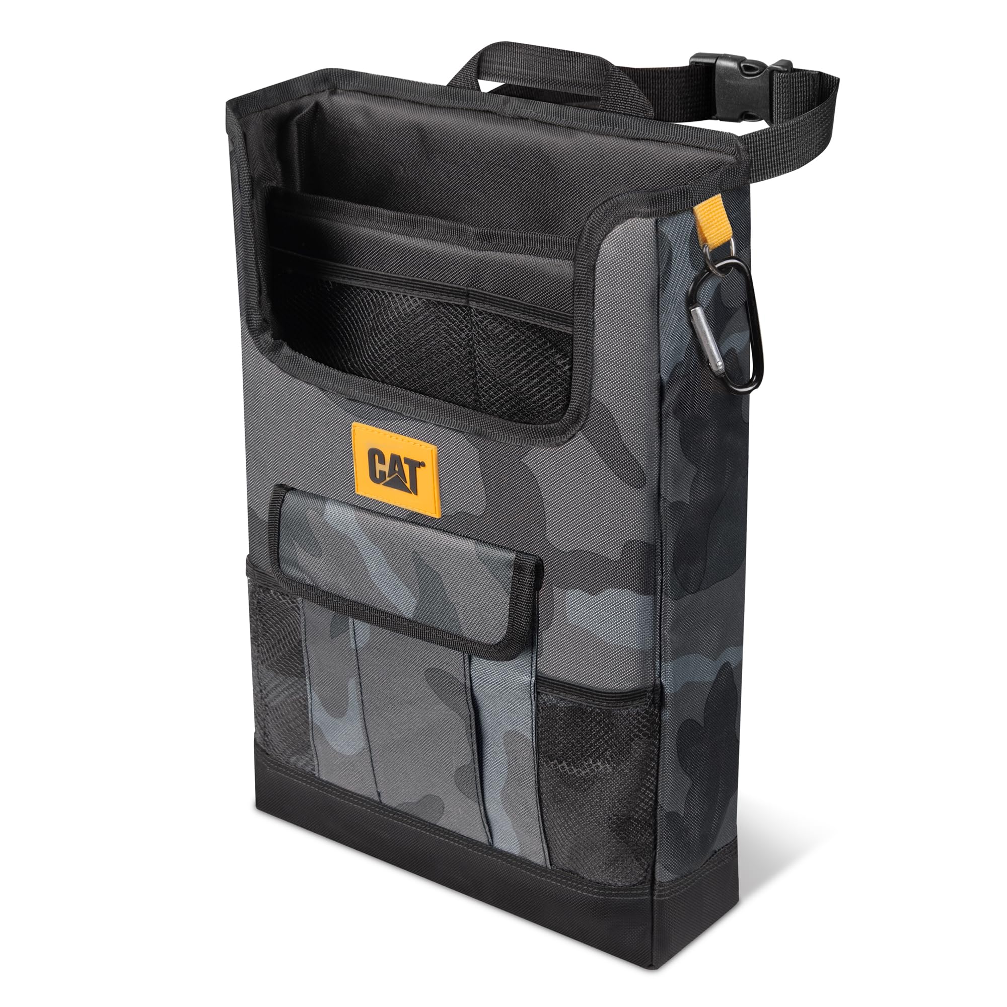 CAT front view of organizer showing pockets and urban camo, keeps essentials ready
