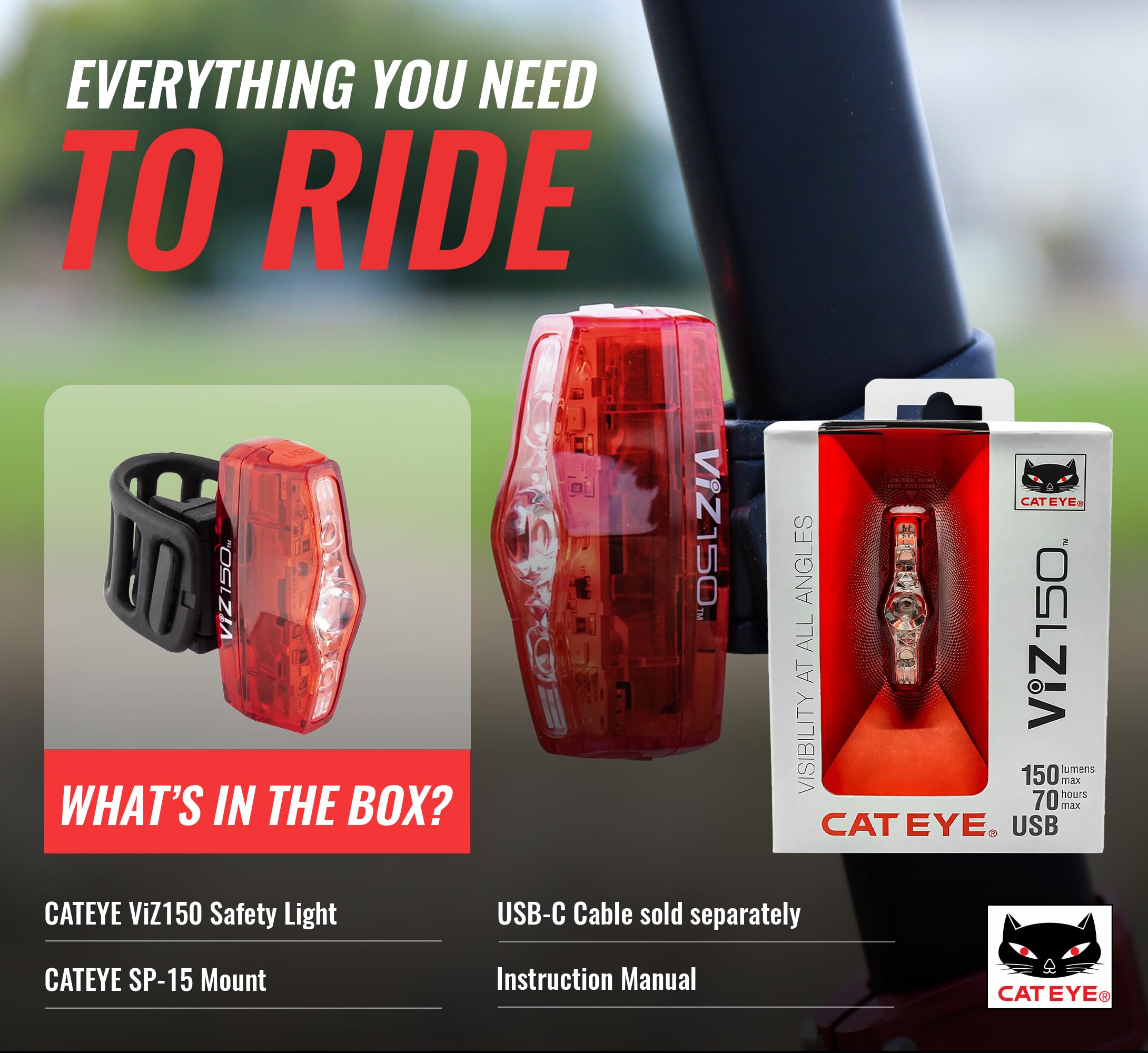 CATEYE ViZ150 packaging laid out displaying light, bracket and manual