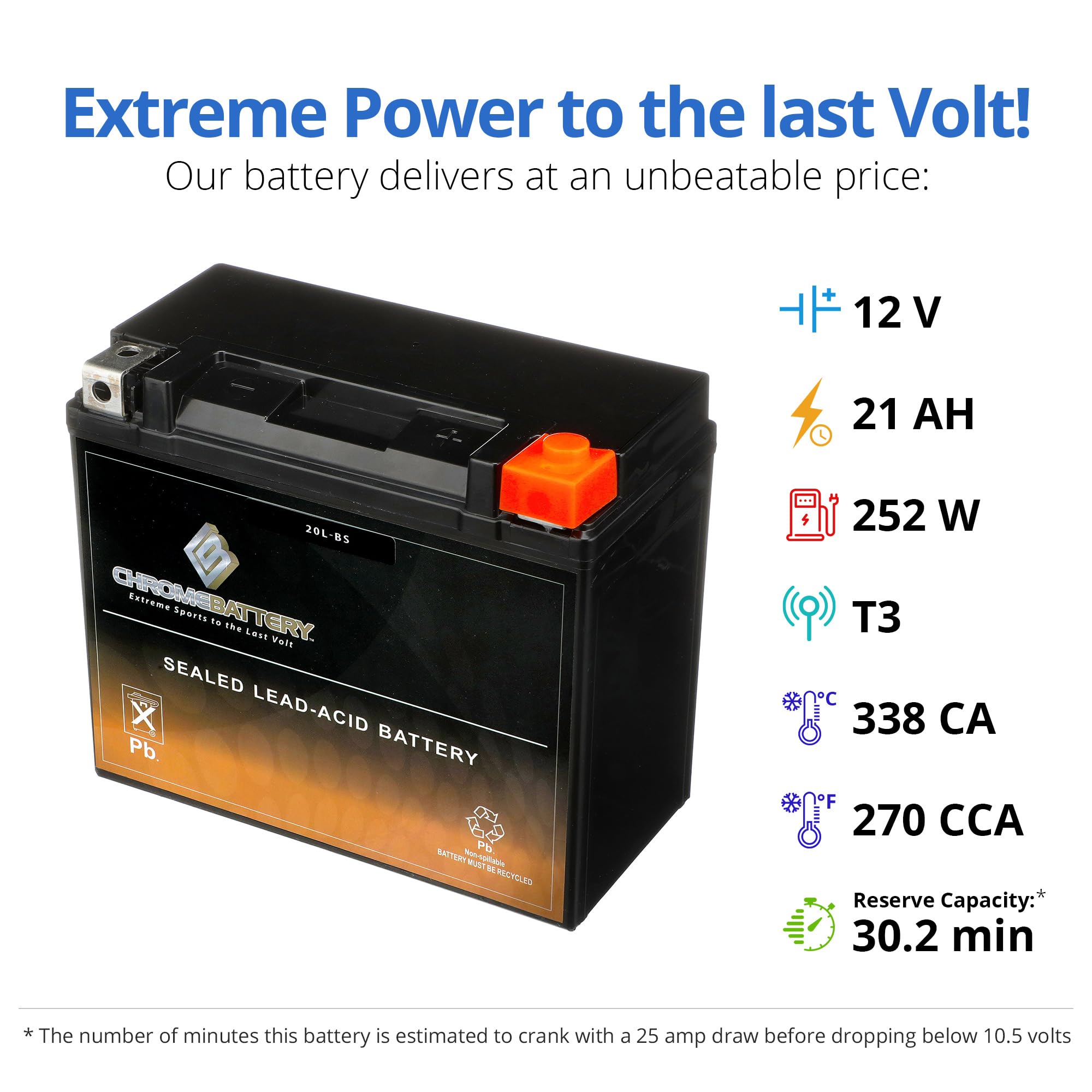 CB CHROMEBATTERY close-up of AGM label highlighting spill-proof safety
