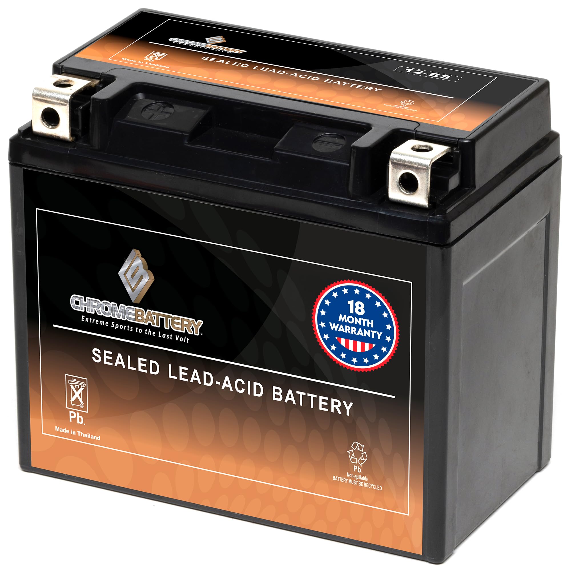 CB CHROMEBATTERY front view showing compact battery and brand for reliable starts
