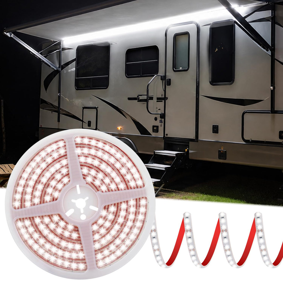 CCBASEBALL front view of packaged 20ft awning light showing kit contents and benefits