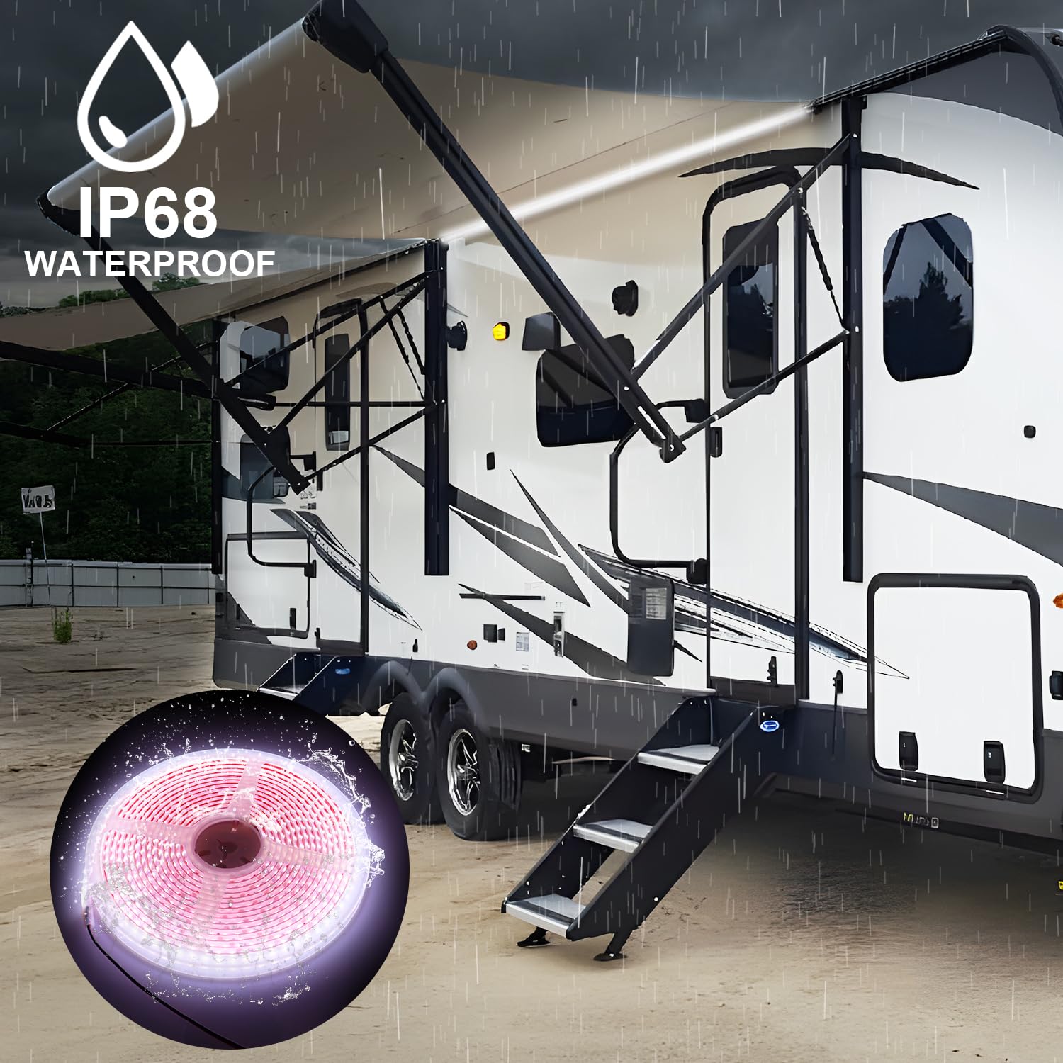 CCBASEBALL awning lights installed under RV awning at night creating even illumination