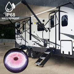 CCBASEBALL awning lights installed under RV awning at night creating even illumination